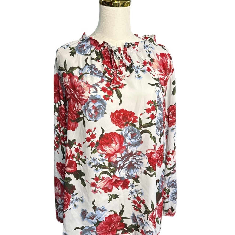 LOFT Outlet Floral Blouse Cream Red Green Blue Size L
